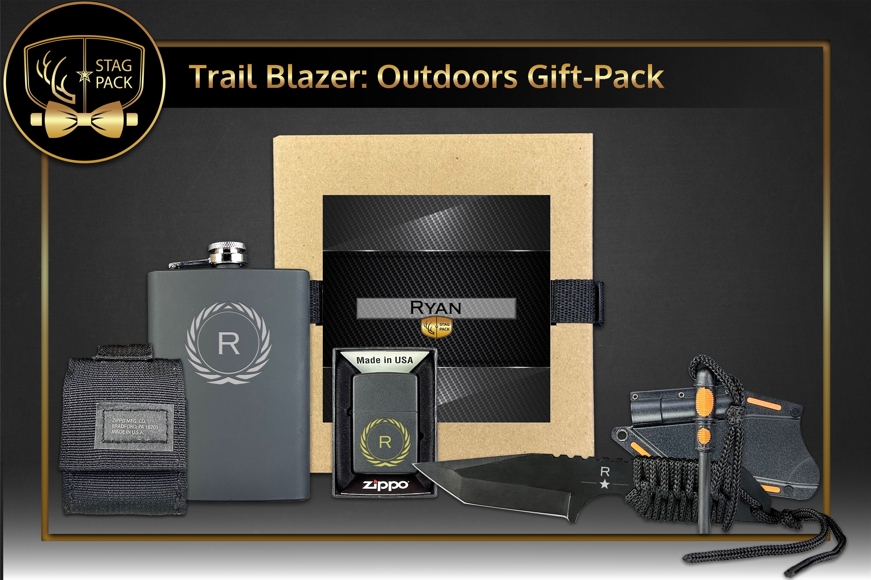 Custom Engraved Groomsmen Outdoors Flask, Zippo with tactical pouch and Survival Knife in a Personalized Gift Box.