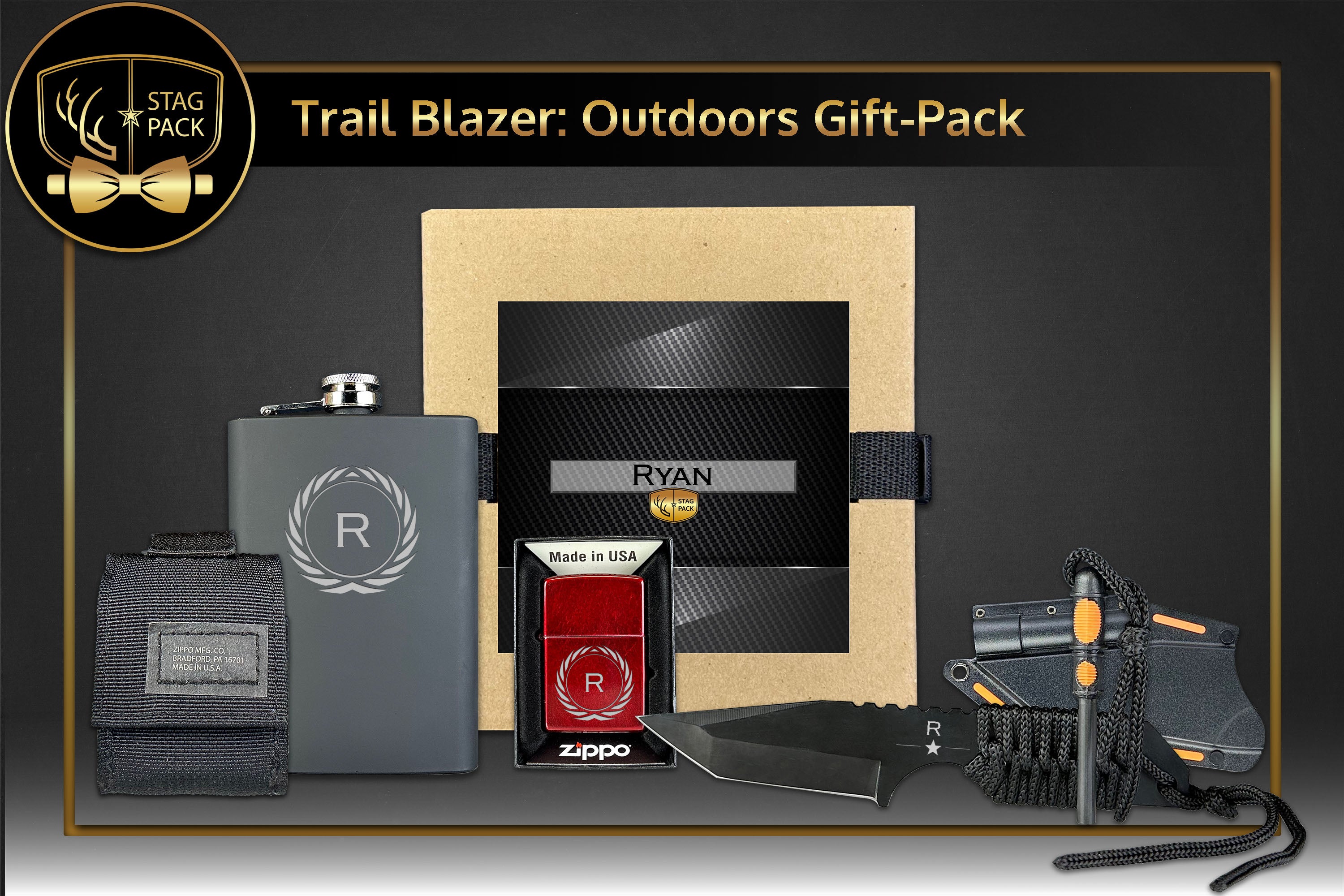 Custom Engraved Groomsmen Outdoors Flask, Zippo with tactical pouch and Survival Knife in a Personalized Gift Box.