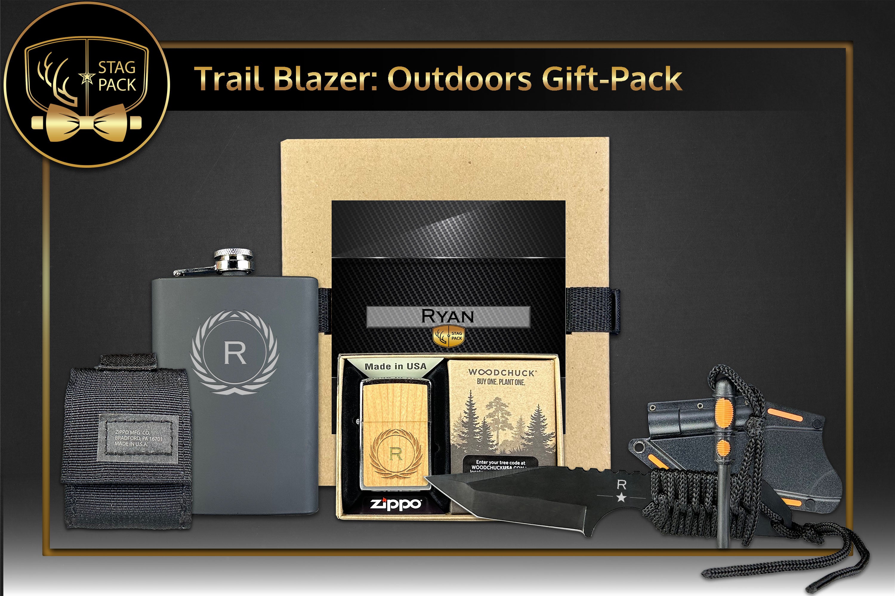 Custom Engraved Groomsmen Outdoors Flask, Zippo with tactical pouch and Survival Knife in a Personalized Gift Box.