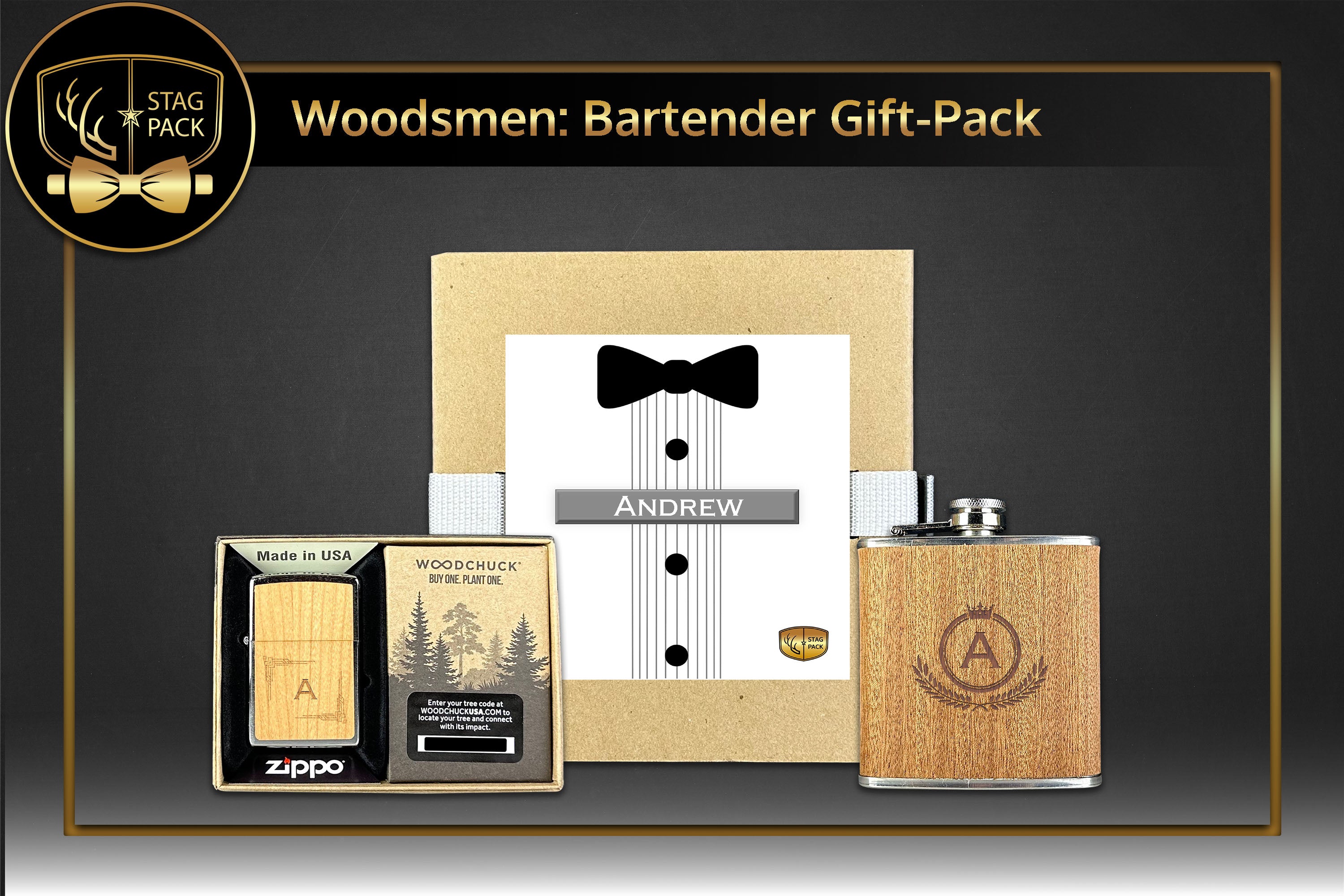 Custom Engraved Groomsmen Gift with Sapele Wood Flask & Cheery Wood Zippo Lighter in a Personalized Gift Box.